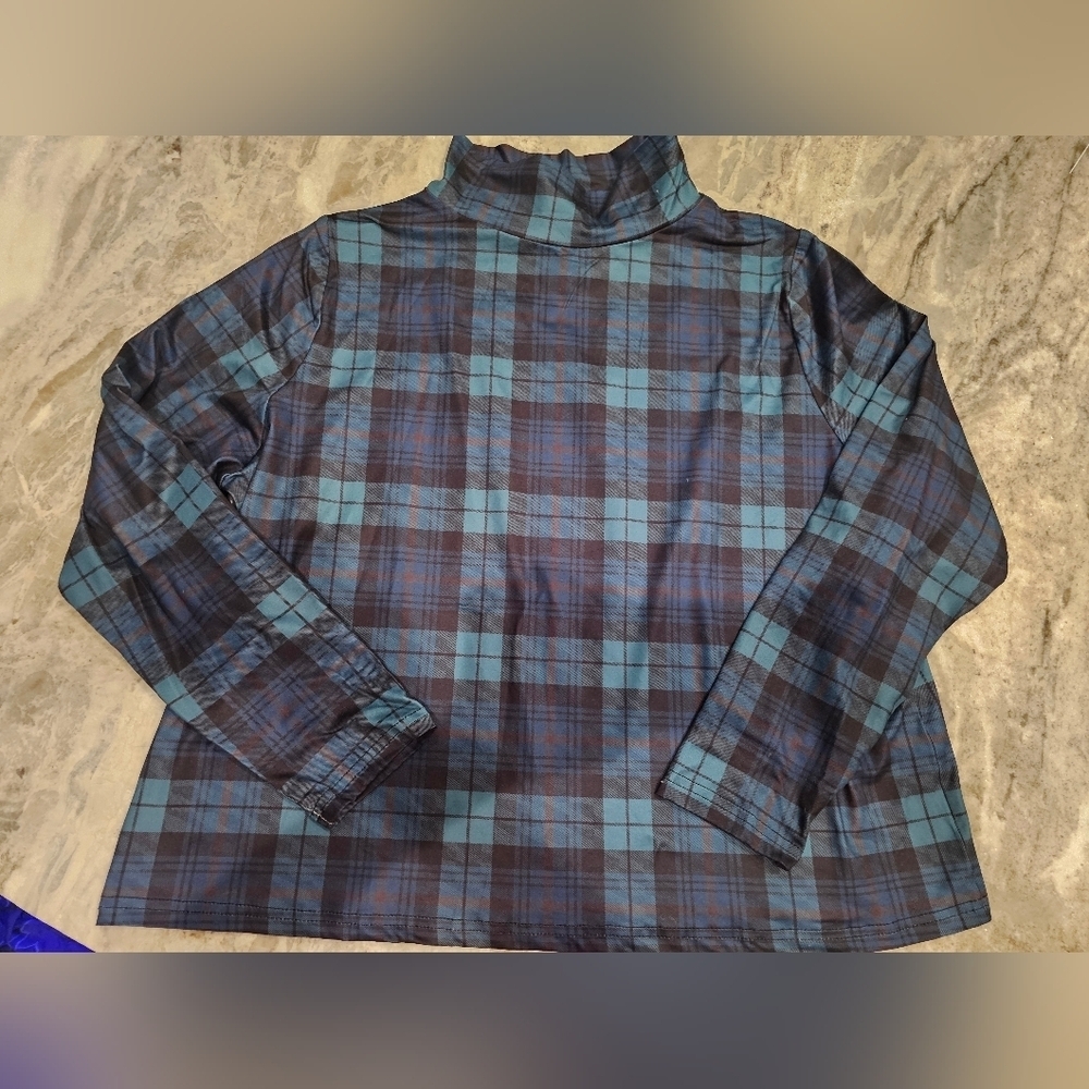 "NWT Pink Daisy 2X Plaid Long Sleeve Tunic Top Navy Teal Burgundy Stretch Plus"